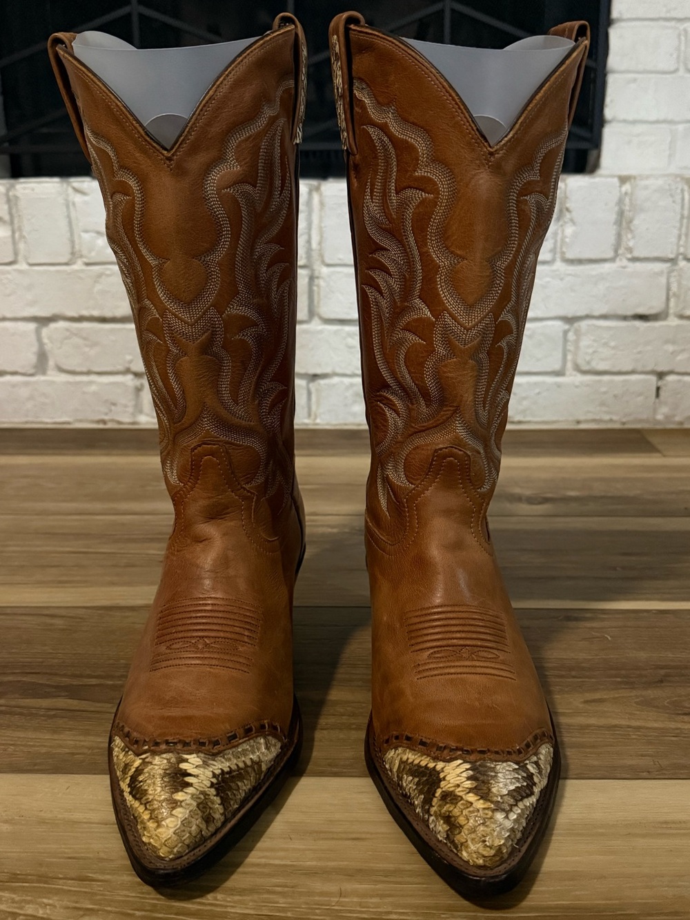 Tony Lama Brown Leather Cowboy Boots with Snake-Print Toe